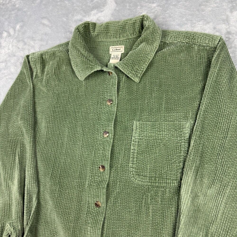 LL Bean Green Corduroy Button Up Shirt Jacket XL Cotton Shacket - Picture 3 of 8